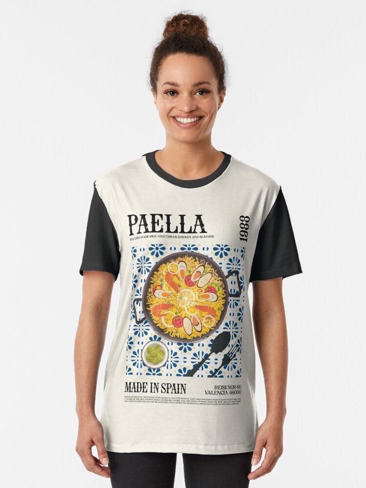 Colorful graphic t-shirt featuring a vibrant paella dish design - Women