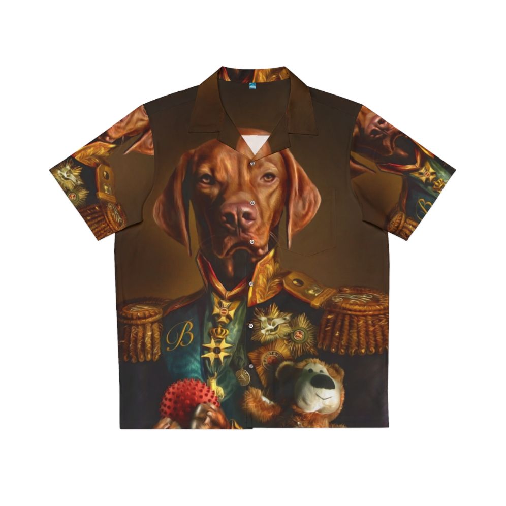 Bertie the Hungarian Vizsla dog wearing a Hawaiian shirt