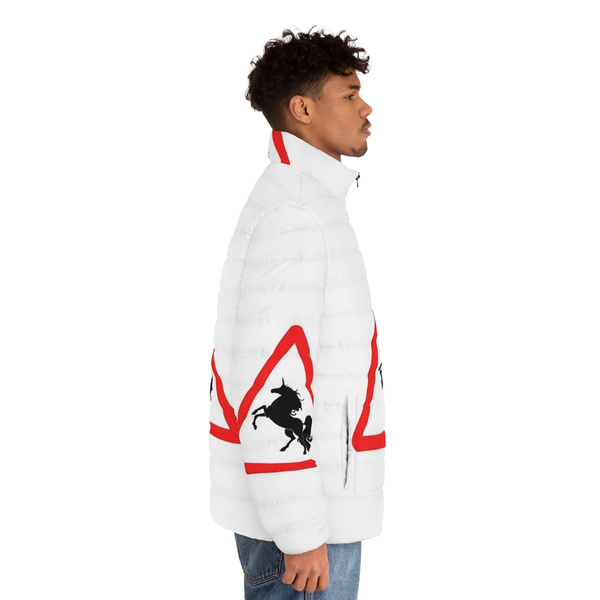 Person wearing a puffer jacket featuring colorful legendary animals like unicorns and dragons - men side right