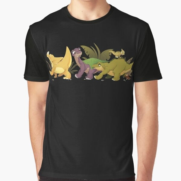 "The Land Before Time" dinosaur graphic t-shirt for kids featuring Littlefoot, Cera, Spike, Ducky, and Petrie