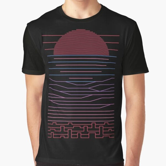 A graphic t-shirt design featuring a minimalist landscape with the sun, mountains, ocean, and city in the distance, with a focus on the keywords 'escape', 'travel', and 'summer'.