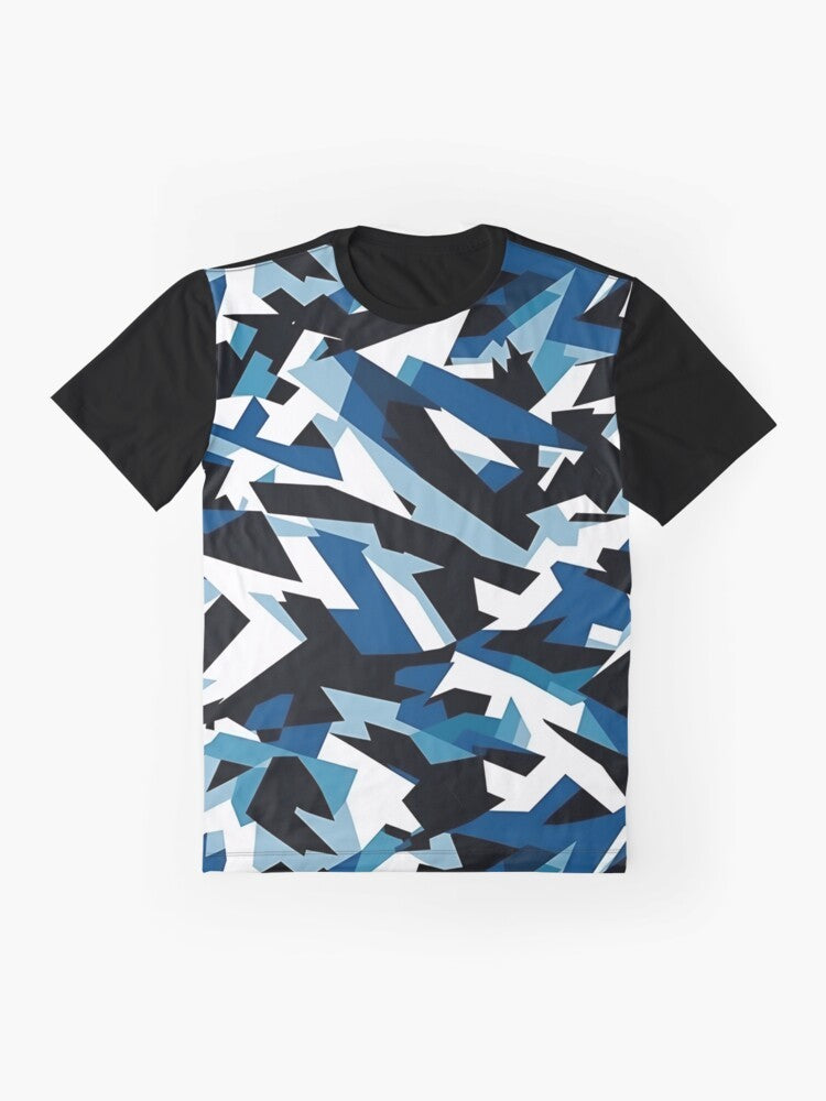 Navy dazzle camouflage graphic t-shirt with military-inspired design - Flat lay