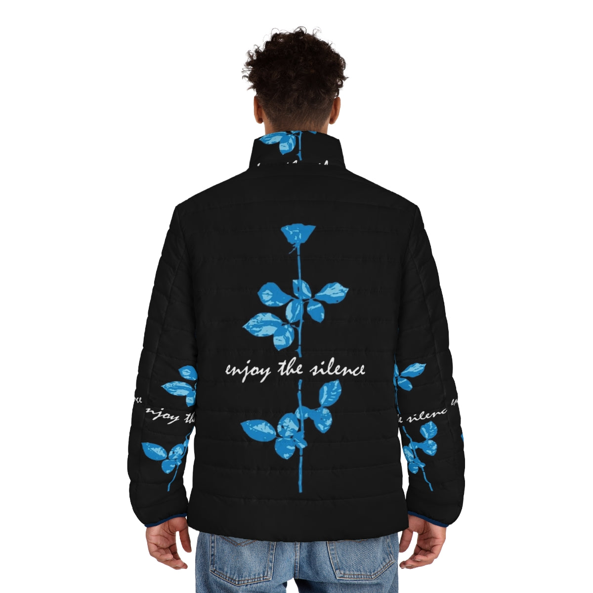 Blue puffer jacket with "Enjoy the Silence" Depeche Mode inspired design - men back