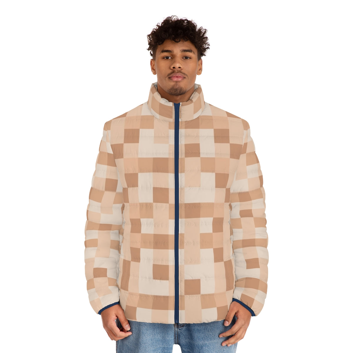 Pixelated light skin puffer jacket with censored nudity design - men front