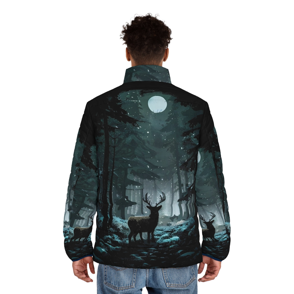 A cozy puffer jacket featuring a serene winter woods landscape with a deer, snow, and a full moon. - men back