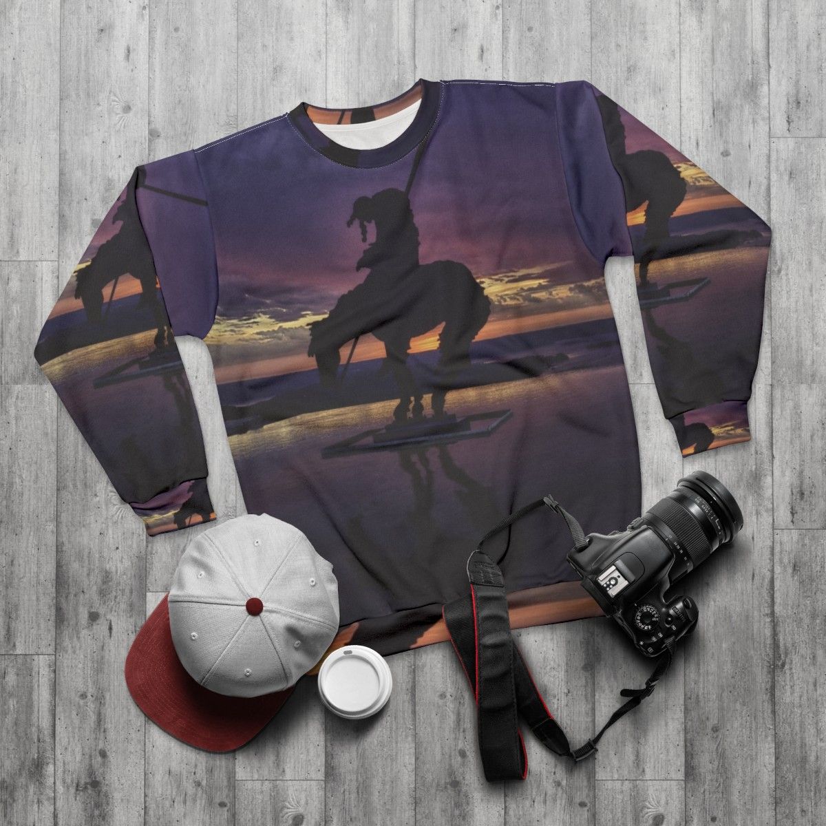 Sunset Sweatshirt Featuring Vibrant Native American-Inspired Artwork - flat lay