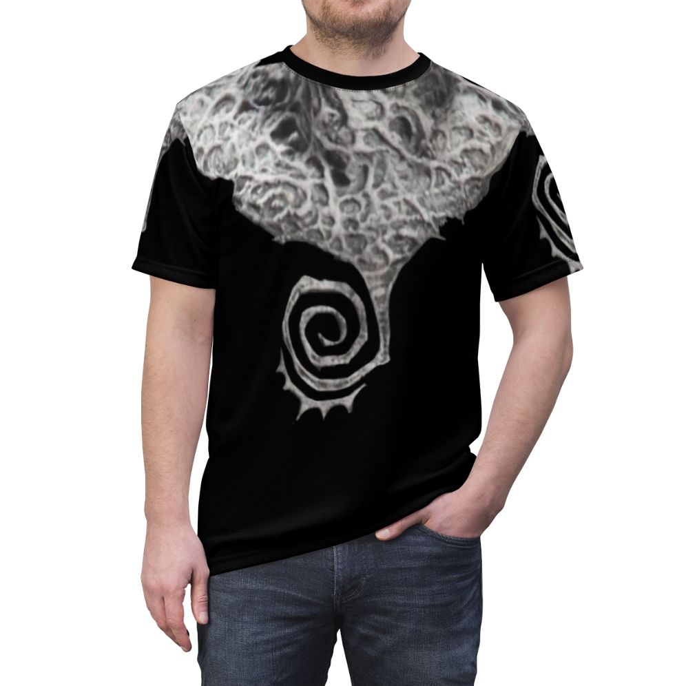 Haunting spiral design t-shirt featuring supernatural, gothic, and anti-hero elements for cosplay and casual wear. - men front