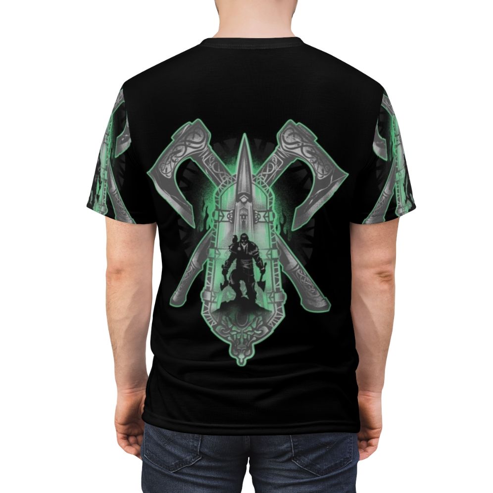 Eivor's Hidden Blade and Axe T-Shirt, featuring a Viking-inspired design for fans of Assassin's Creed Valhalla. - men back