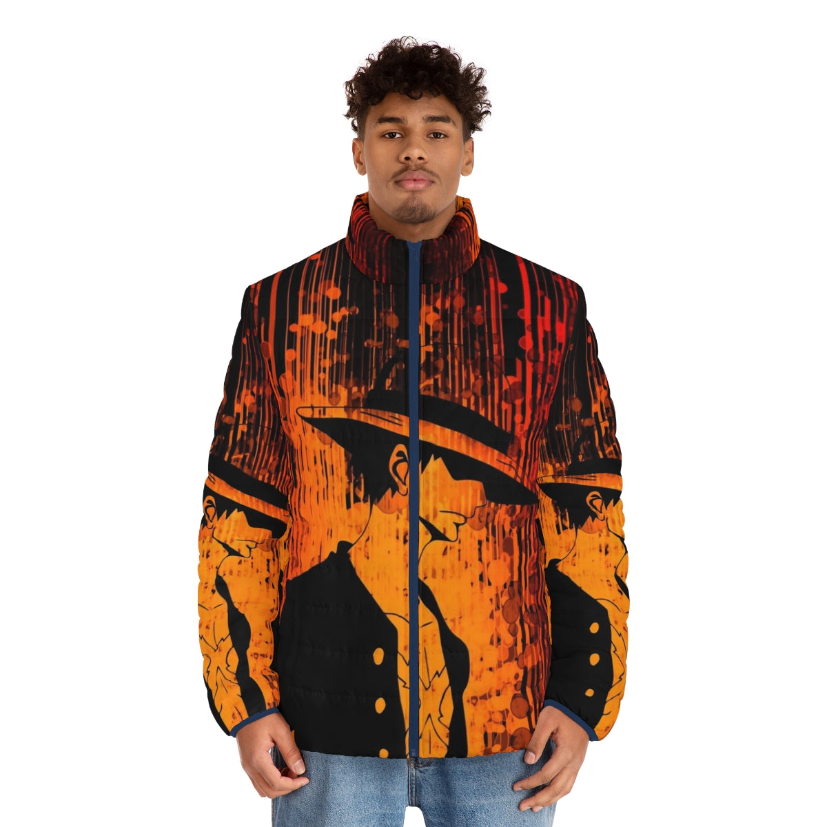 Gum Gum Dark Side Anime Puffer Jacket featuring a demon design for manga and anime enthusiasts - men front