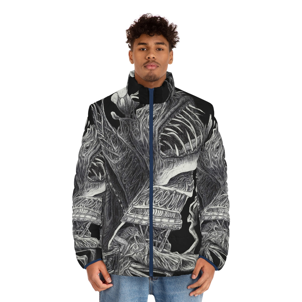 Unique and unsettling waste puffer jacket with surreal monster design - men front