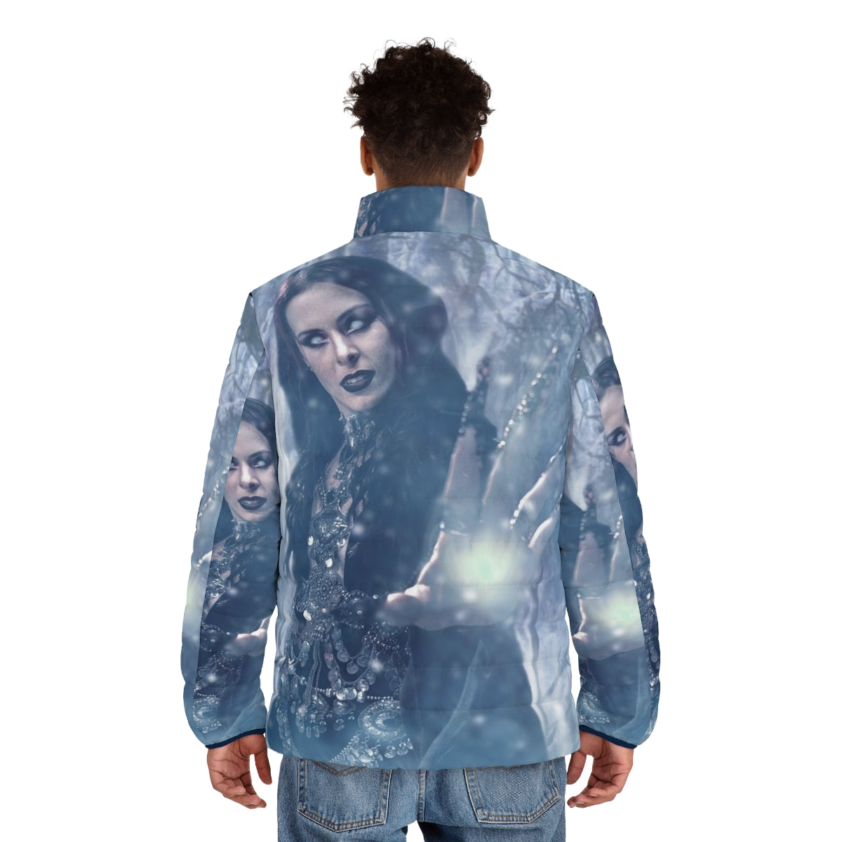 A cozy and stylish puffer jacket featuring Beyond the Black fanart design - men back