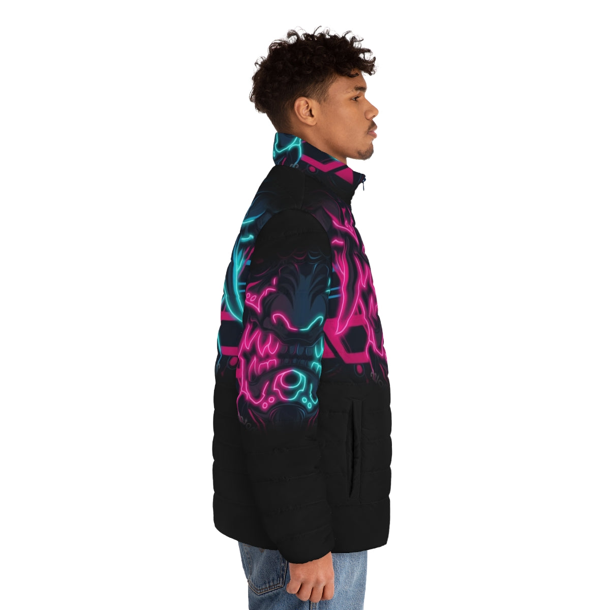 Neo Yokai Puffer Jacket featuring cyberpunk-inspired design and Japanese mythological elements - men side right