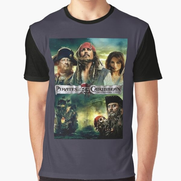 Funny graphic t-shirt featuring a Pirates of the Caribbean pirate flag design for music fans.