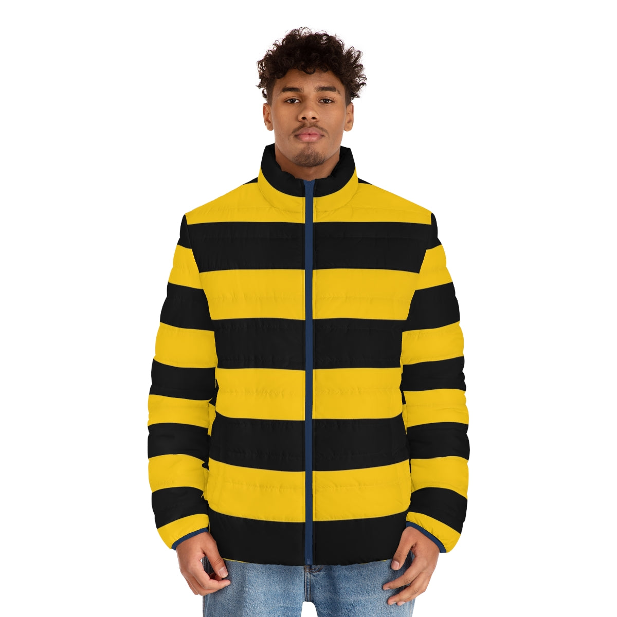 Bumblebee-inspired puffer jacket with yellow and black stripes - men front