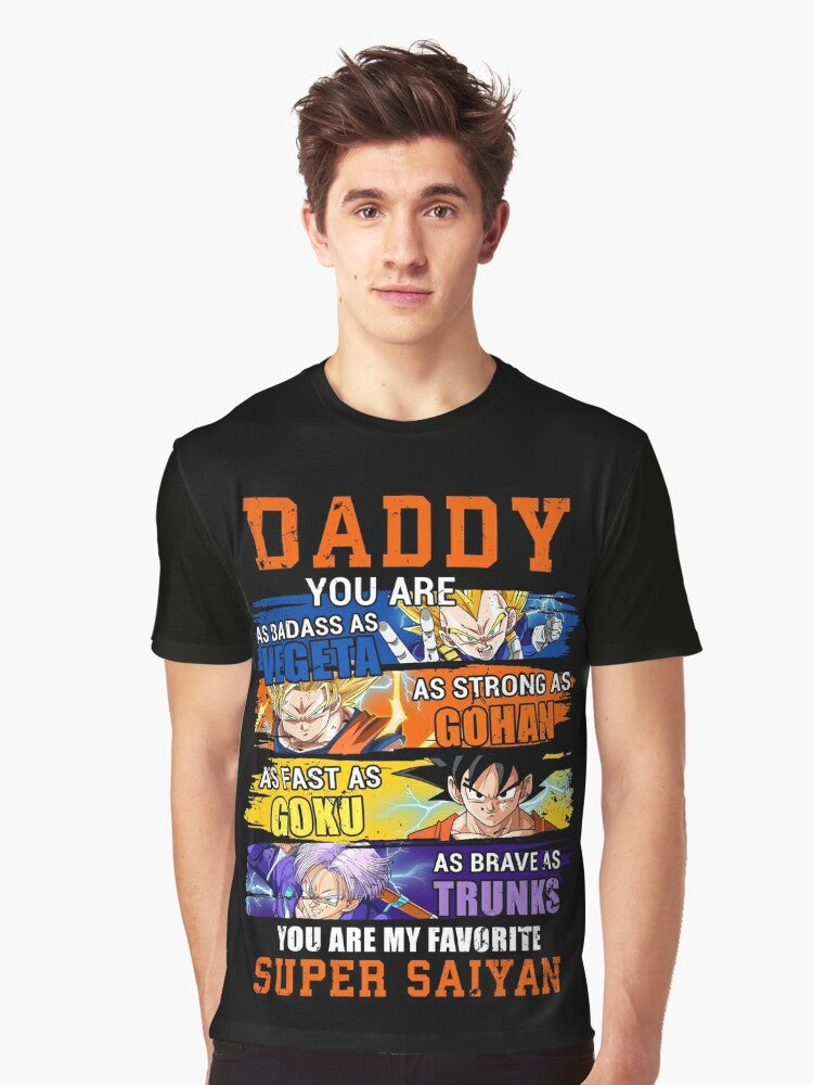 Funny graphic t-shirt with text "Daddy You Are As Badass As Vegeta As Fast As Goku" and Dragon Ball Z characters - Men