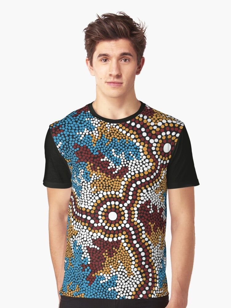 Authentic Aboriginal art graphic t-shirt featuring the Wetland Dreaming design - Men