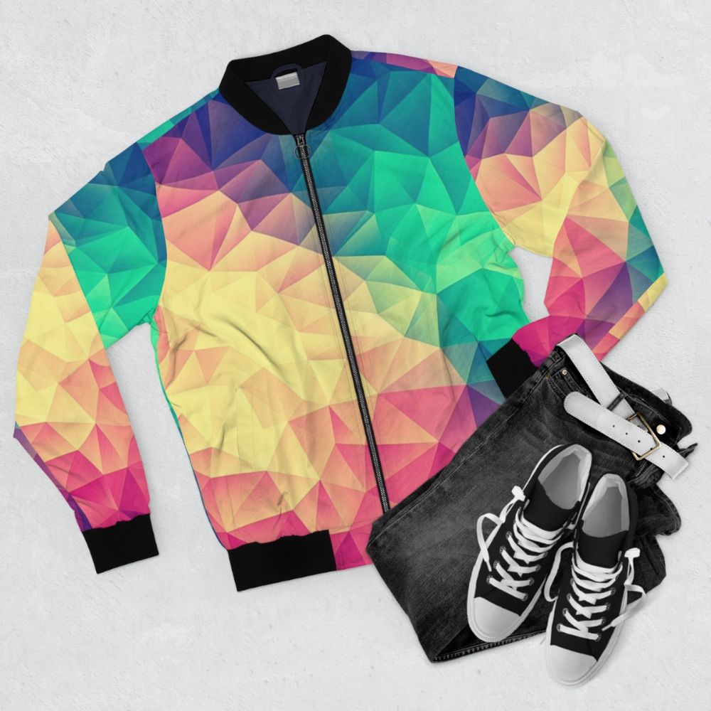 Abstract polygon and cubism design bomber jacket in rainbow colors for LGBTQ+ pride. - Flat lay