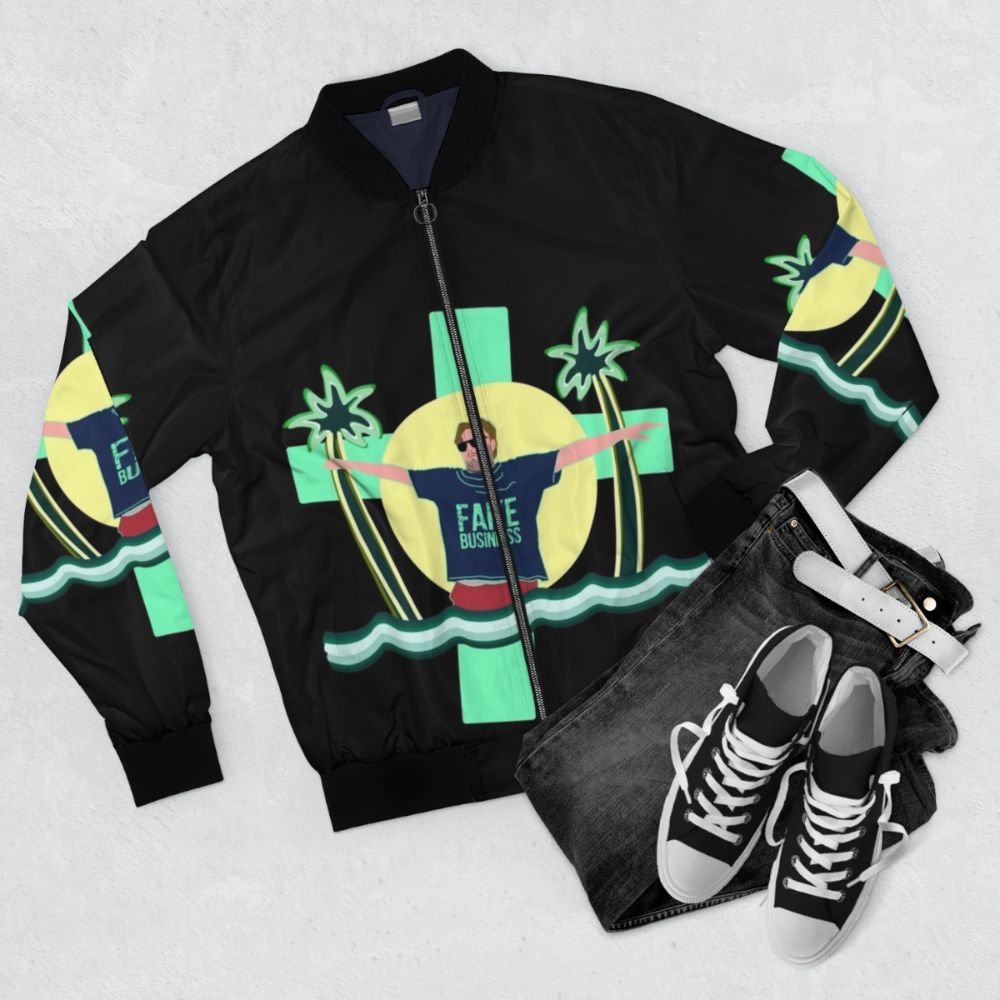 Tim Dillon Comedy Bomber Jacket with Ironic Beach Design - Flat lay