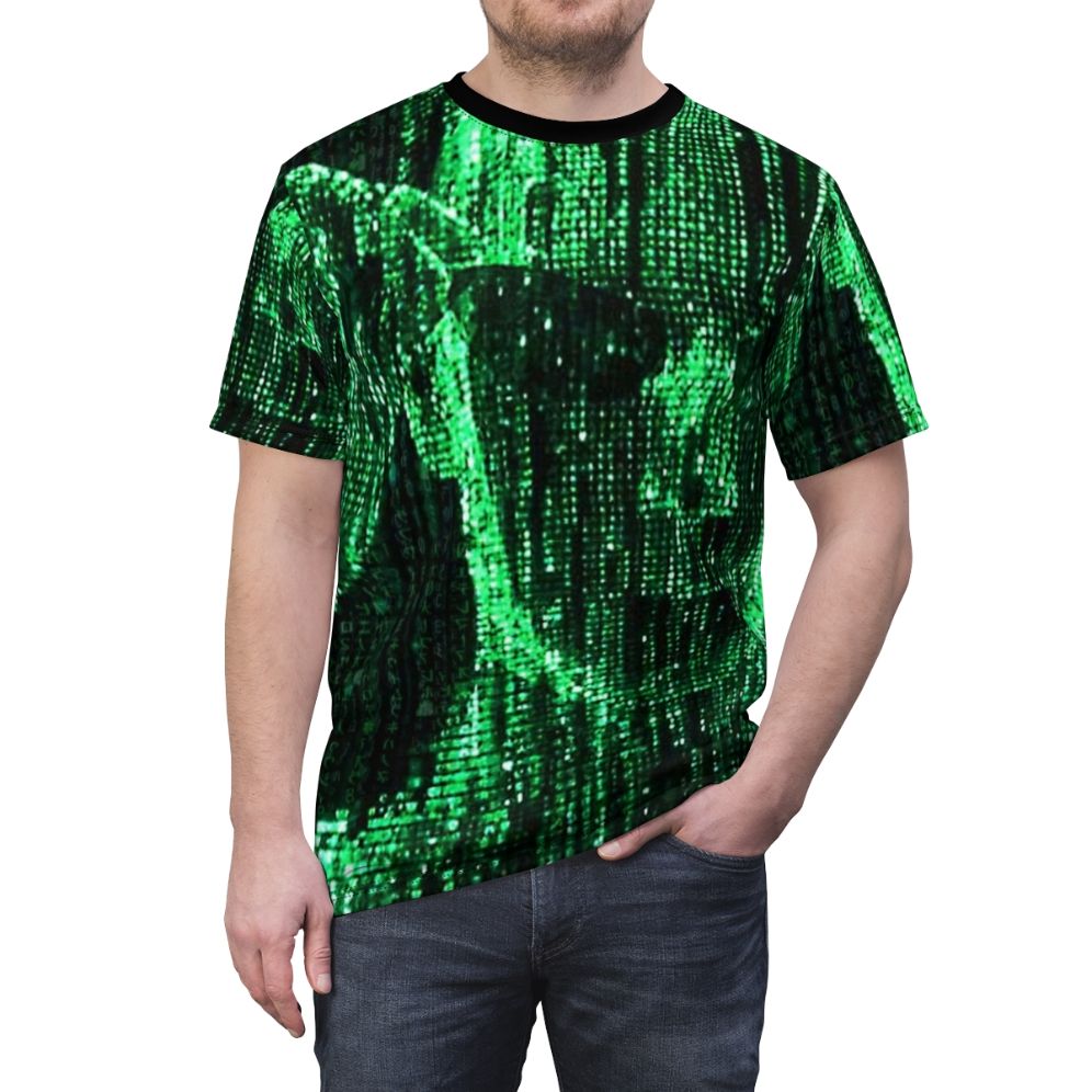 Matrix-Inspired T-Shirt featuring the iconic digital code and imagery from the classic science fiction film - men front