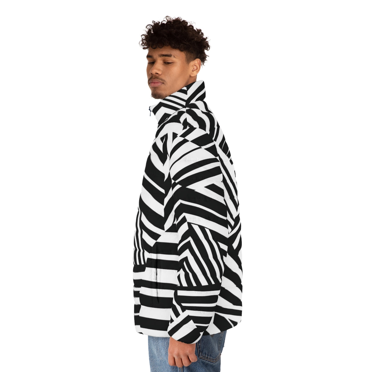 Model wearing a minimalist dazzle camouflage puffer jacket - men side left