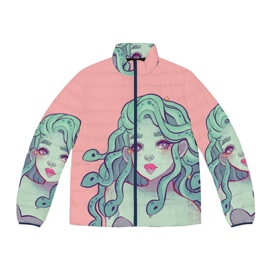 Medusa-inspired puffer jacket in a soft pink color