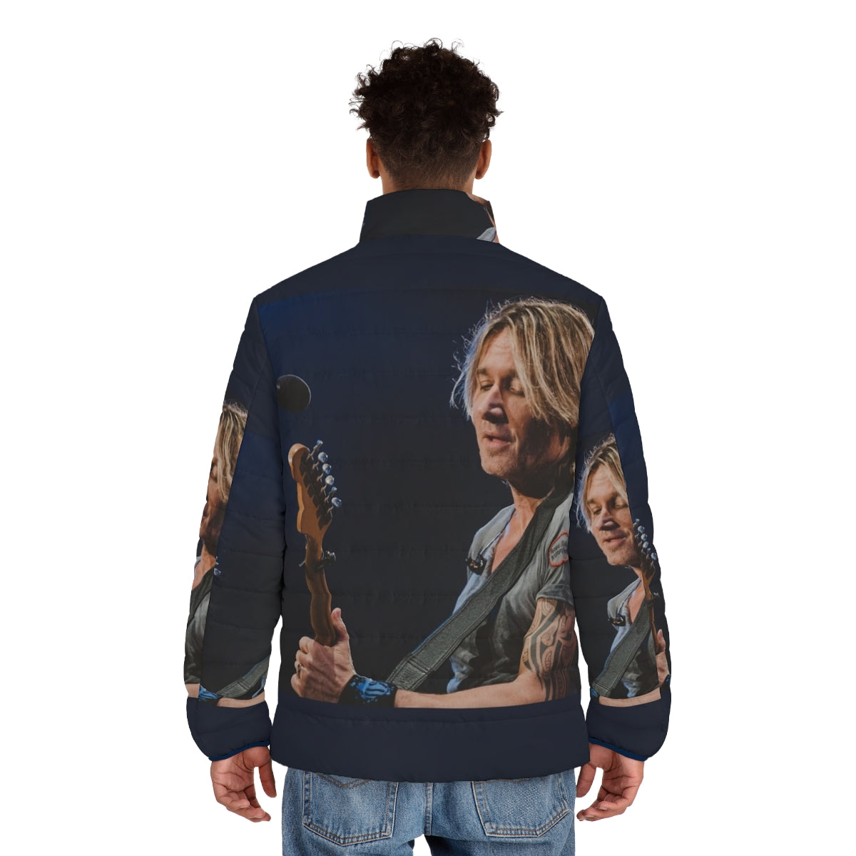 Keith Urban concert photography printed on a puffer jacket - men back