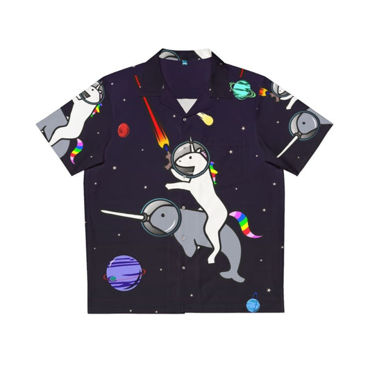 Unicorn riding a narwhal in space on a Hawaiian shirt