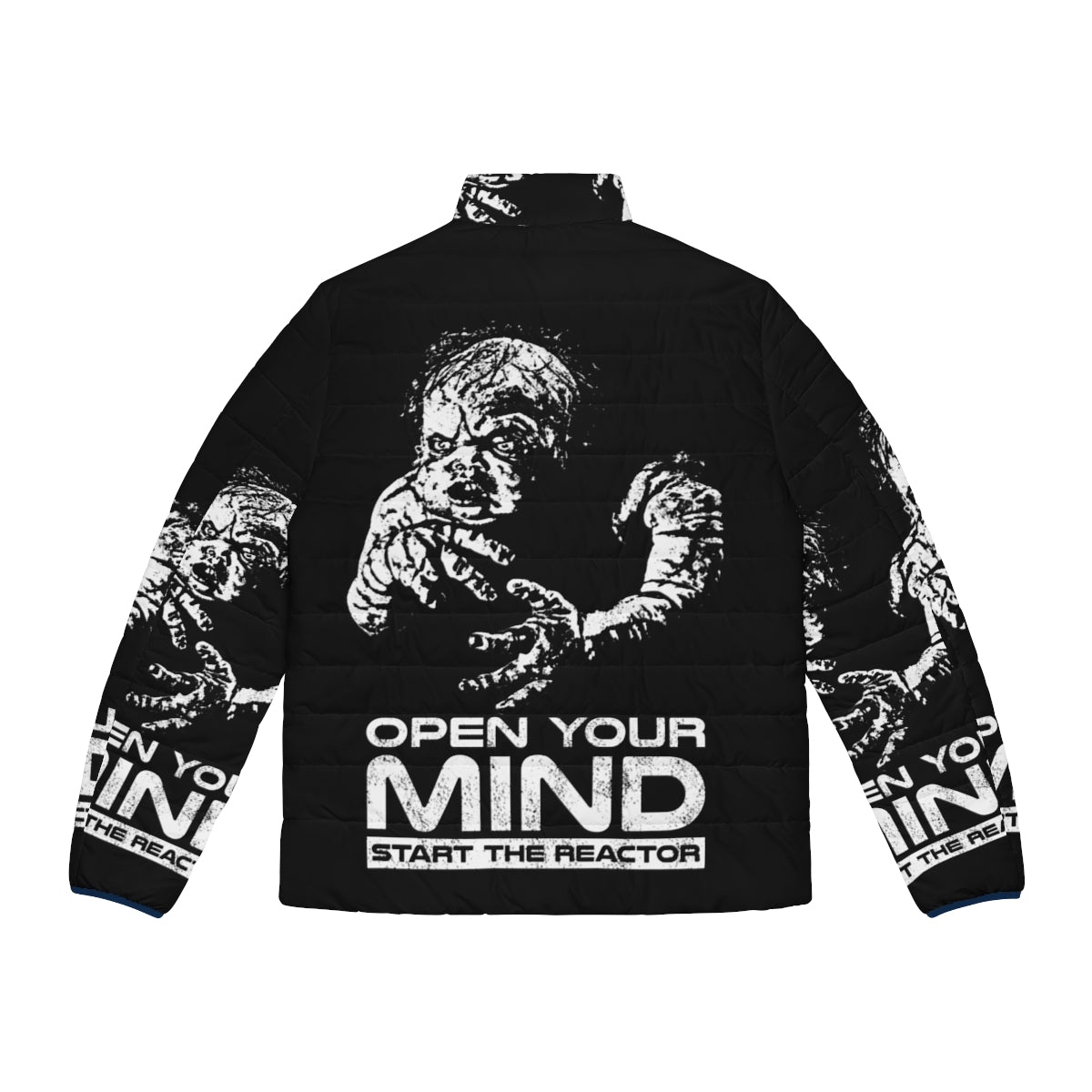 Open Your Mind Retro Puffer Jacket with Futuristic Design - Back