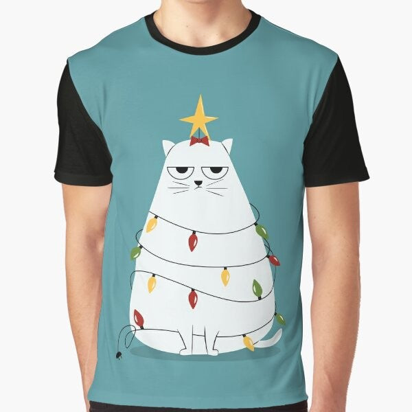 Grumpy Christmas cat graphic on a t-shirt