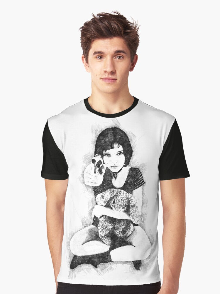 Mathilda from the classic 90s movie Leon the Professional pen sketch on a black t-shirt - Men