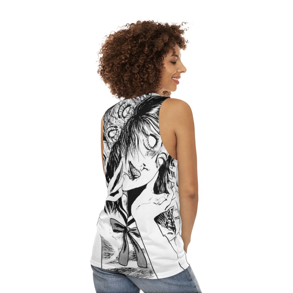 Monochrome horror manga anime junji ito unisex tank top - women back