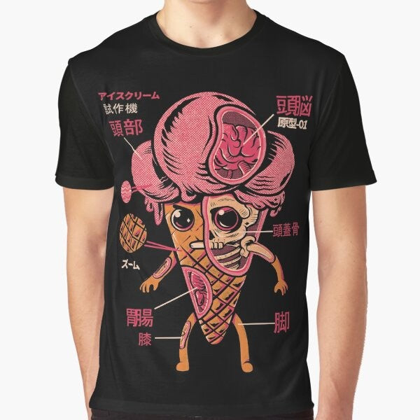 Retro illustration of an ice cream-themed kaiju monster on a graphic t-shirt