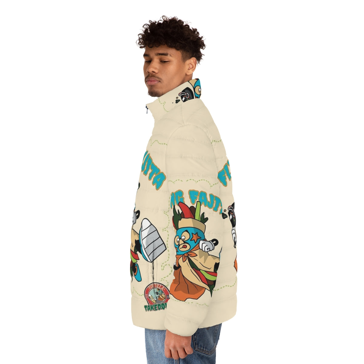 Vibrant puffer jacket with Mexican wrestling and food design - men side left