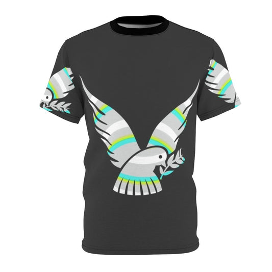 Vibrant T-shirt design featuring a dove, a legendary animal, in a colorful, abstract style.