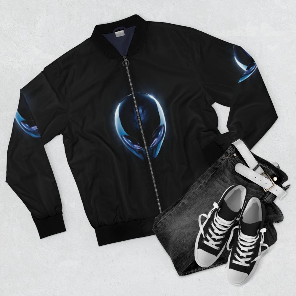 Alienware Gaming Bomber Jacket with the iconic Alienware logo and design - Flat lay