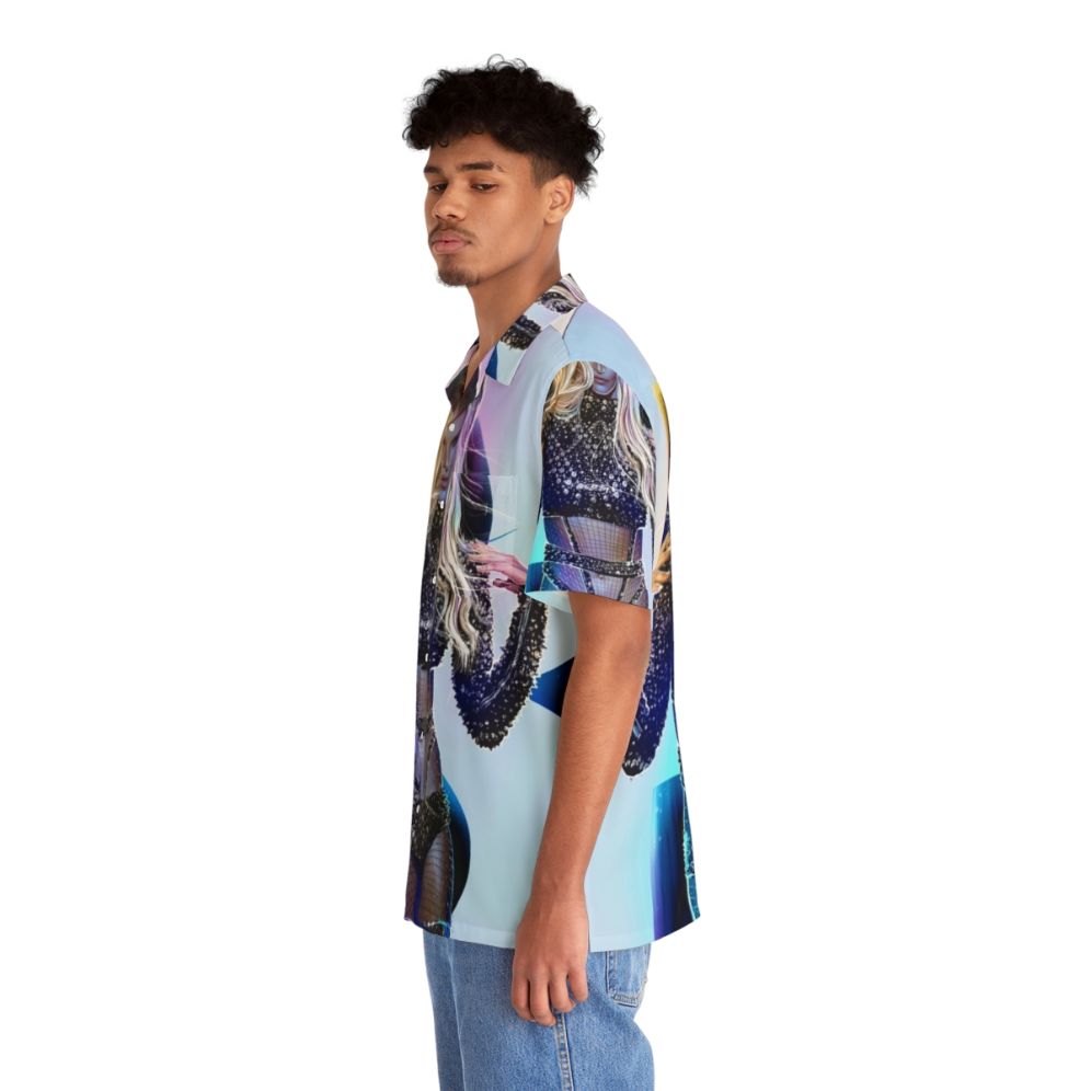 Model wearing a vibrant, music-themed Hawaiian shirt - People Left