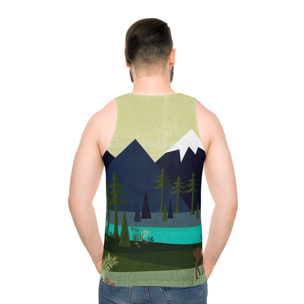 Unisex tank top with a nature-inspired forestscape design featuring deer and flowers - men back