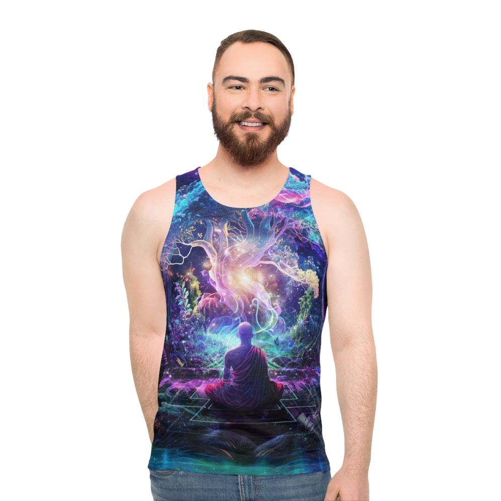 Unisex tank top with cosmic, nature-inspired Midnight Garden artwork - men