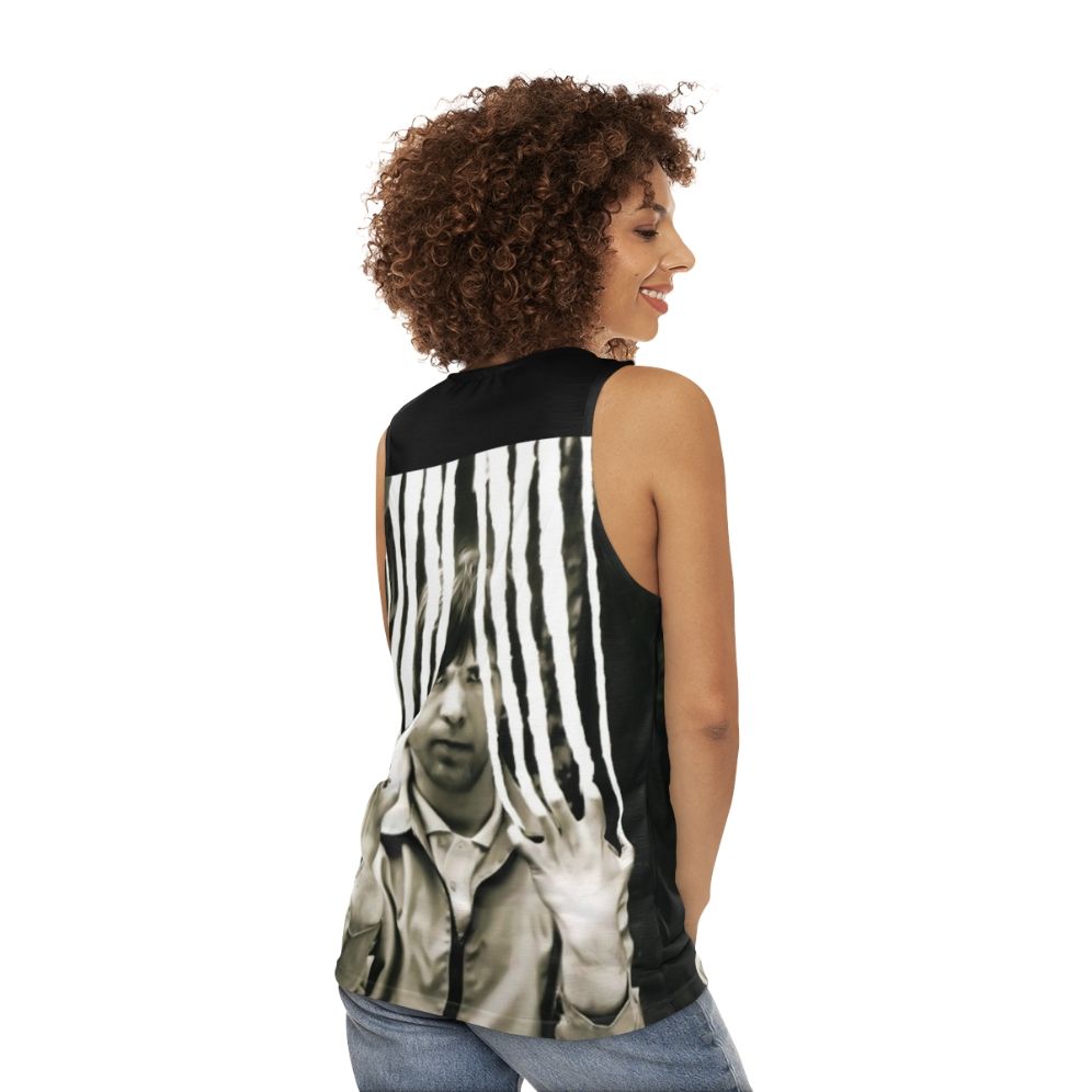 Retro unisex tank top with progressive rock band design - women back