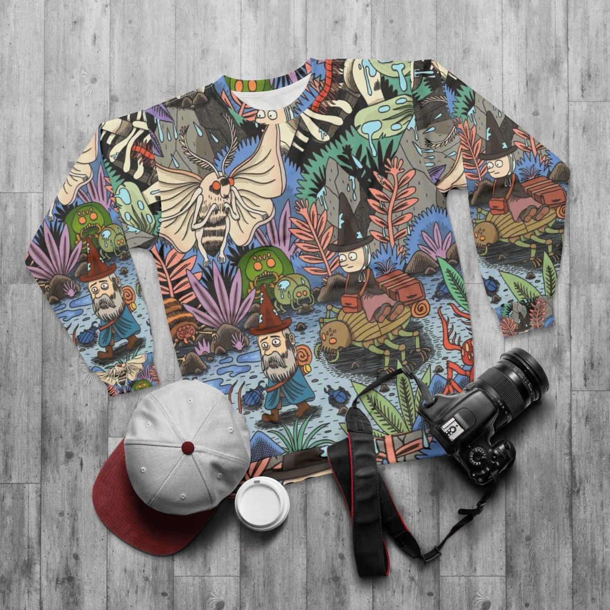 Journey Sweatshirt featuring gnome, nature, and melancholy designs - flat lay