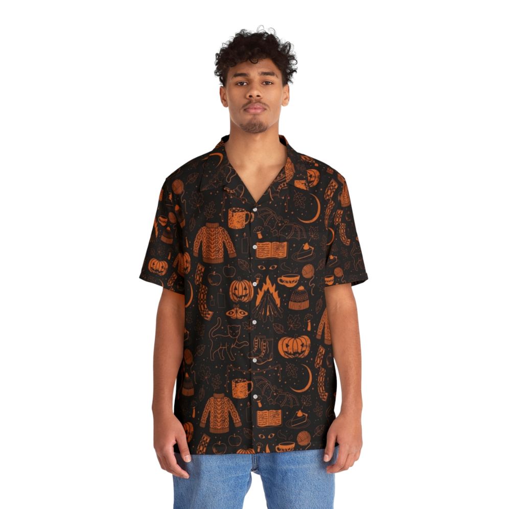 Autumn Nights Halloween Hawaiian Shirt with pumpkins, black cats, and fall foliage - People Front