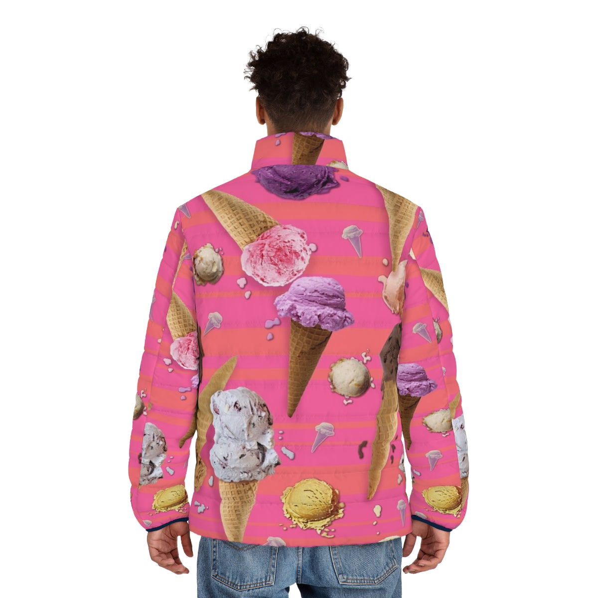 "We All Scream" puffer jacket featuring colorful ice cream graphics and patterns - men back