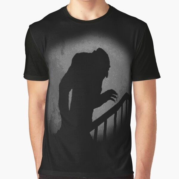 Spooky Nosferatu vampire silhouette graphic on a t-shirt