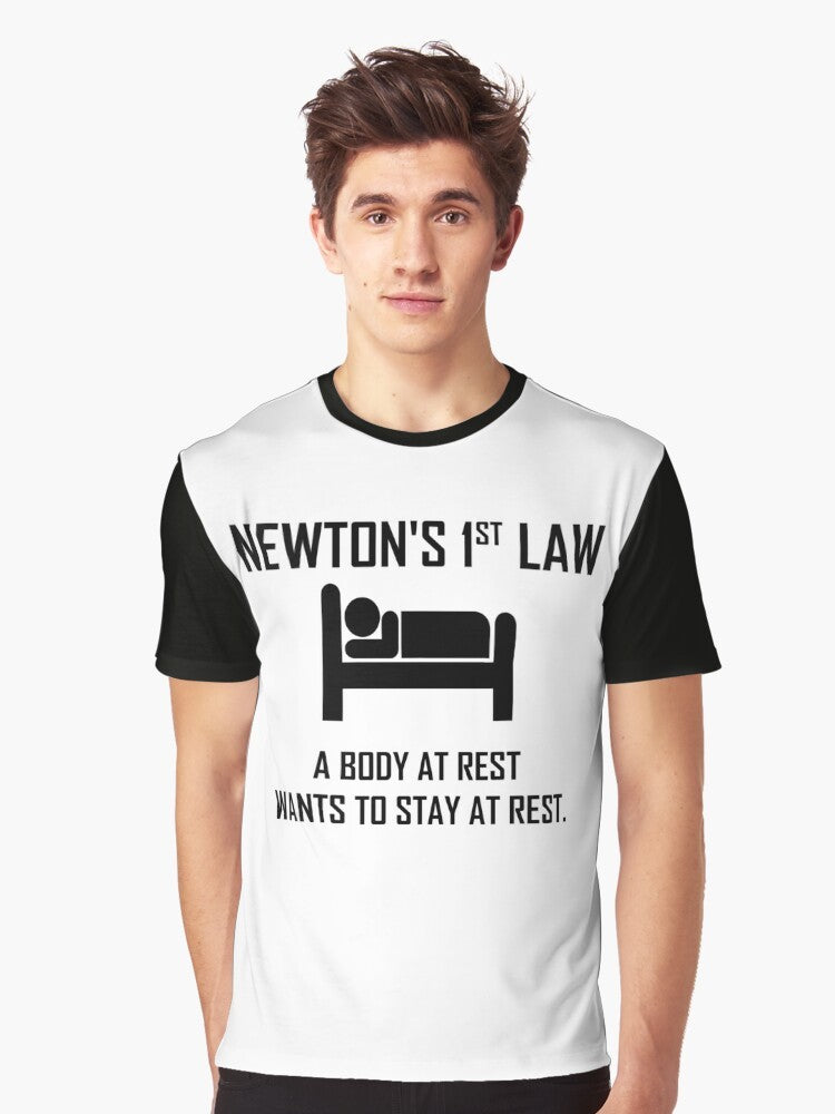 Funny physics t-shirt design featuring an illustration of Isaac Newton and the text "Newton's First Law" - Men