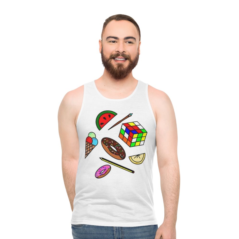 Colorful hobbies and food unisex tank top - men