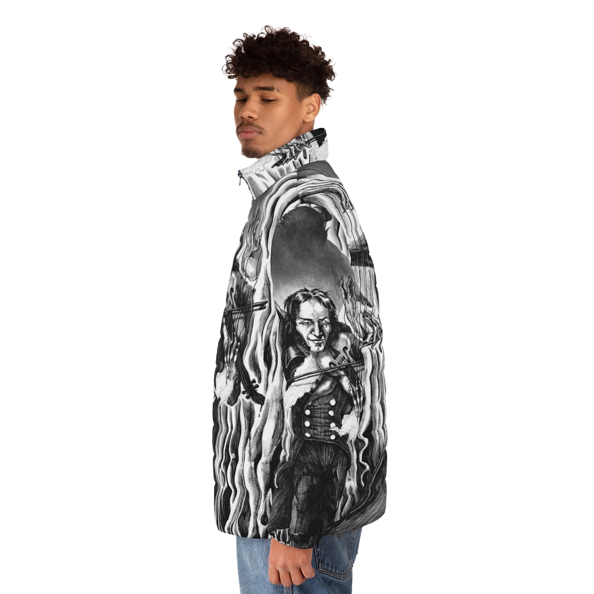 Puffer jacket featuring a dark illustration of Niccolo Paganini, the famous devil violinist - men side left