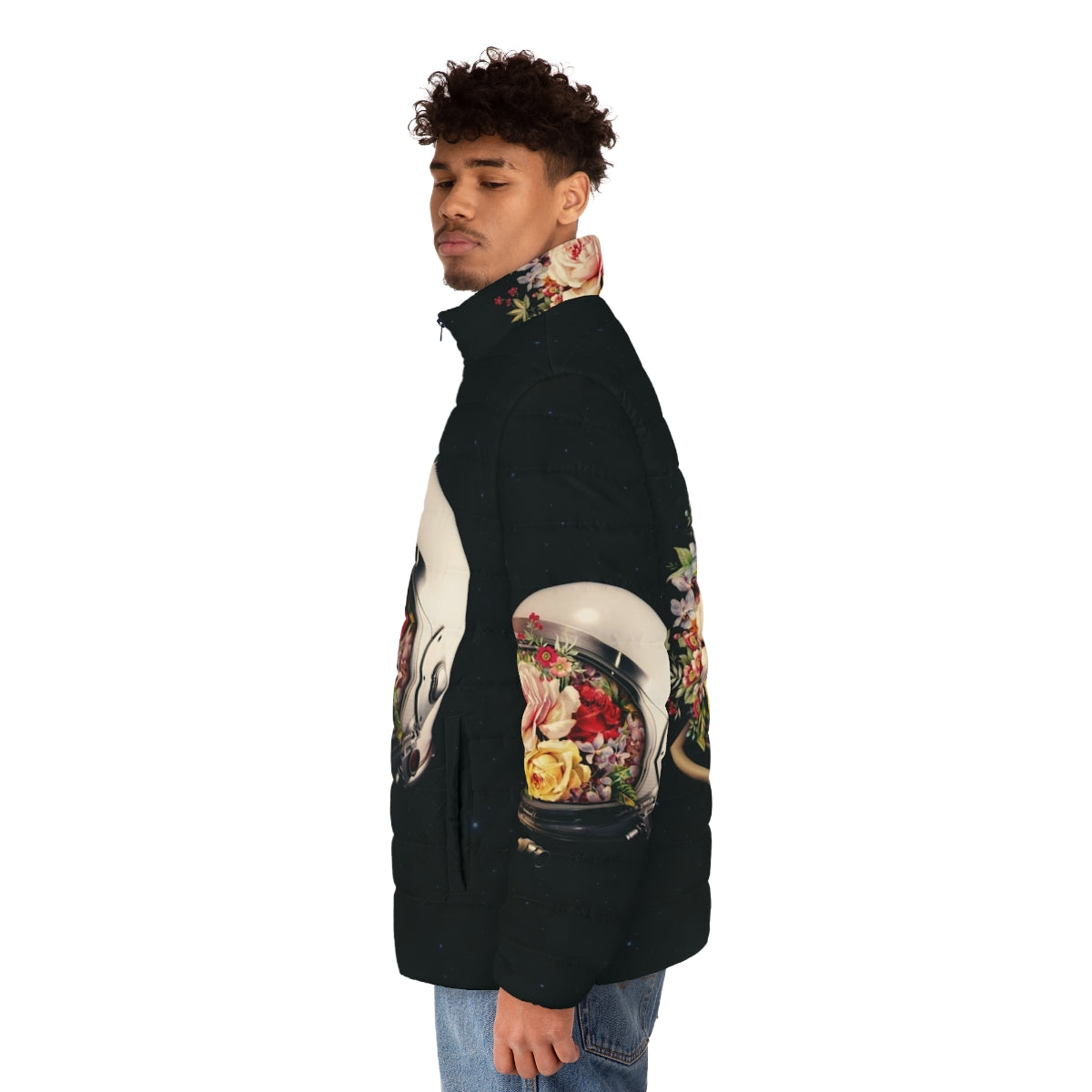 Puffer jacket featuring a collage of an astronaut, space, stars, and flowers - men side left