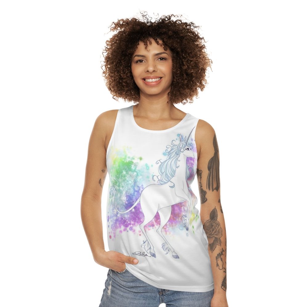 Transforming unicorn graphic on a unisex tank top - women