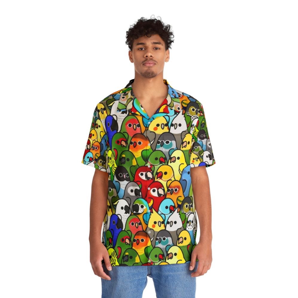 Colorful Hawaiian shirt with a vibrant bird print design - People Front