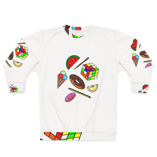 Hobbies and Food Sweatshirt with Colorful Pattern and Doodle Designs